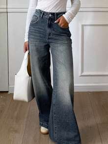 DAZY 女士宽松休闲直筒牛仔裤 - 中等水洗藍 - 查看 4