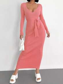 EURMUSE Women's Autumn Simple Solid Color Keyhole Neck Bodycon Belted Sweater Dress - Coral Pink - View 6