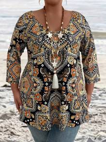 EMERY ROSE T-shirt casual larga da donna con scollo tondo e stampa floreale, maniche a 3/4, perfetta per le vacanze, magliette da donna con grafica - nero - Visualizzare 4