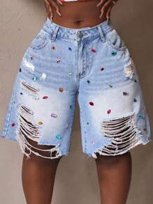Slaydiva Plus Size Diamond Decoration Distressed Denim Shorts,Back To School - Medium Wash - View 4