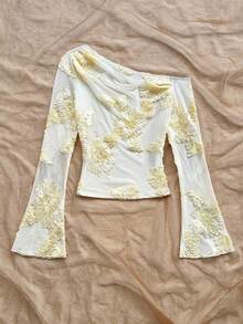 Soleia New Casual Vacation, Western, Beach, Wedding Guest, Graduation, Brunch Spring Break, Easter, Music Festival - Elegant Bohemian, Tropical, Sheer, Embroidered Flared Sleeve Asymmetric Shoulder Top - Apricot - View 5