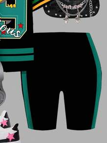 SHEIN 2 件复古街头运动衫风格橄榄绿色卡通数字 19 字母图案拼色条纹青少年女孩休闲宽松圆领短袖 T 恤和紧身自行车短裤套装，适合夏季，轻松舒适，秋季分层，时尚儿童，休闲装，儿童图案服装，返校，秋季服装青少年女童衬衫鸭子 2 件女孩套装休闲卡通印花衬衫袖 T 恤和短裤适合夏季青少年服装女孩卡通服装