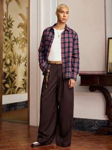 SWAVVY 男士休闲百搭纯色阔腿西装裤 - 酒紅色 - 查看 5