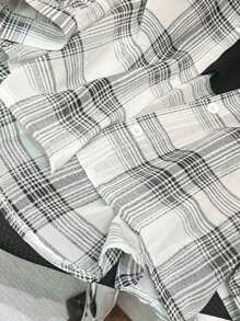 INAWLY Áo sơ mi kẻ caro dáng rộng, in họa tiết, dáng rộng, dáng đại học, dáng rộng, vai trễ, viền cong, size lớn dành cho nữ - Đen và trắng - Xem 4