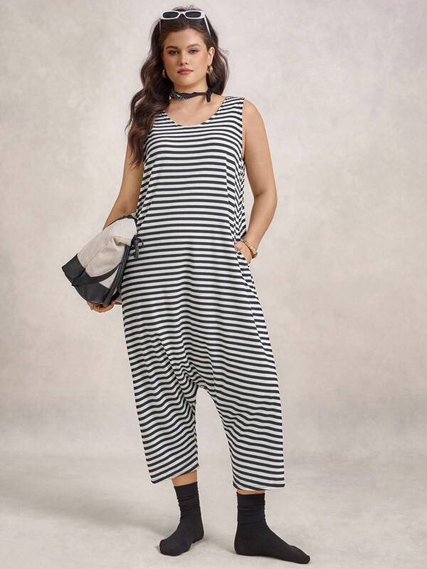 Zelara Plus Size Black & White Striped Sleeveless Casual Everyday Wear Sports Jumpsuit