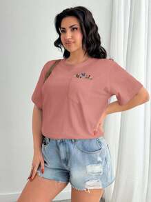 EURMUSE Plus Size 100% Cotton T-Shirt With Floral Embroidery, Crew Neck And Pocket Detail - Pink - View 5