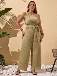 SHEIN LUNE Plus Size Women's Vacation Sleeveless Solid Color Tie Waist Wide Leg Jumpsuit - Apricot - View 6