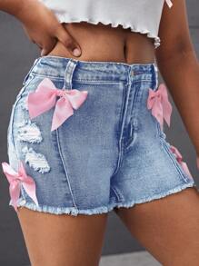 SHEIN Pantaloni scurți din denim cu model casual, stil stradă, în culori contrastante, cu funde, model uzat și margini brute, pentru fete preadolescente