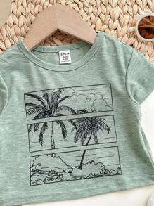 Baby Boy Cartoon Coconut Tree Pattern Knitted Soft Round Neck Short Sleeved Top - Green - View 7