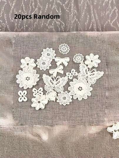 20 PIEZAS Parches de tela bordada con mariposas y corazones de encaje blanco aleatorio - Apliques sin adhesivo para coser en ropa, bolsos, sombreros, joyería, scrapbooking, decoración de bodas, suministros de artesanía de moda bohemia
