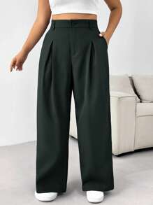 SHEIN EZwear 大码女式休闲纯色褶皱宽松阔腿裤 - 深灰色 - 查看 3