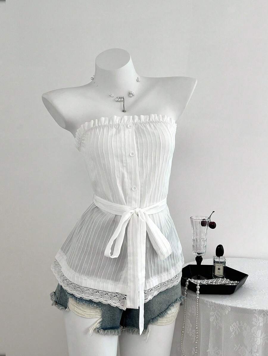 Elamini Débardeur casual féminin avec patchwork de tissu texturé et volants - Blanc - Voir 1