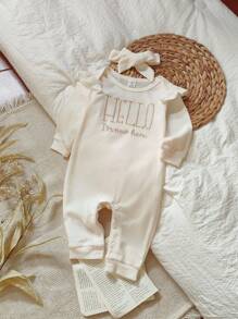 SHEIN Infant Girls Casual Embroidered Letter Textured Envelope Collar Jumpsuit & Headband Set, Spring/Autumn - Apricot - View 7