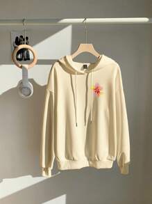 SHEIN EZwear 休闲简约热带水果印花连帽长袖宽松运动衫，适合女士秋冬 - 杏色 - 查看 3