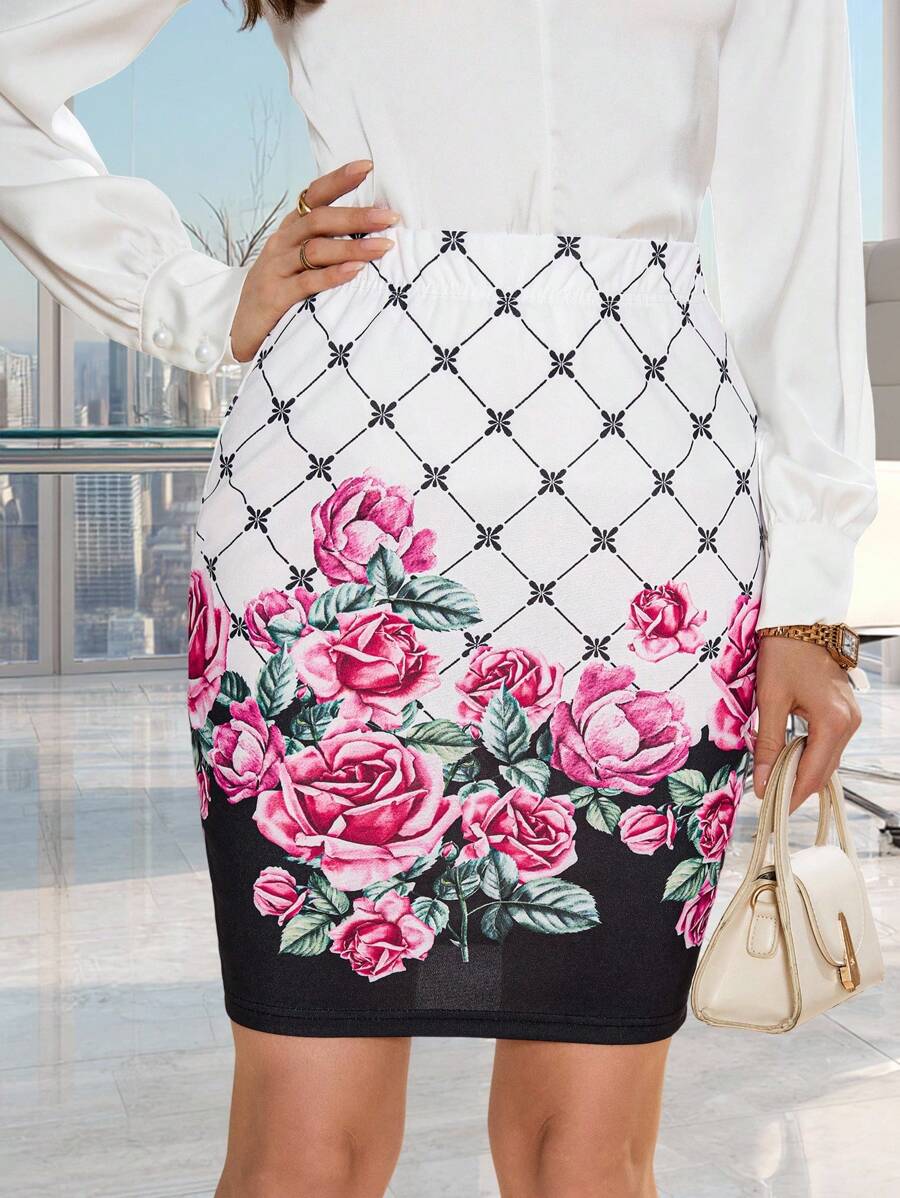 SHEIN Clasi High Waist Floral Print Bodycon Skirt - Multicolor - View 1