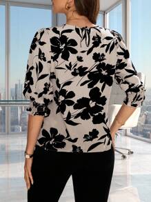 Editum Women's Floral Print Round Neck Pullover Elegant Office Shirt