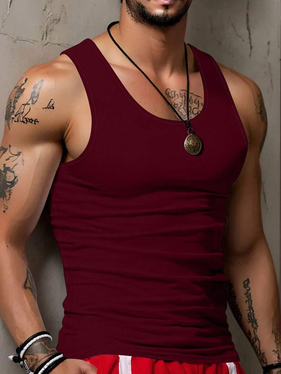 Manfinity Dauomo Men's Summer Casual Solid Color Slim Fit Tank Top - Burgundy - View 1