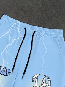 Manfinity EMRG 2 件男士肖像和字母图案休闲圆领短袖 T 恤和喇叭裤套装，夏季街头风格 T 恤和喇叭裤套装男士 Y2k 服装男士 2 件裤套装 - 彩色 - 查看 3