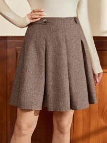 Vintamour 复古经典优雅女裙，修身腰口袋裙，咖啡色短裙，适合夏秋季 - 咖啡棕 - 查看 3