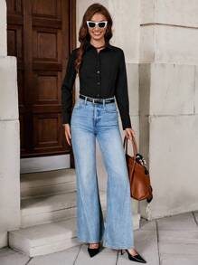 Solivie Solid Button Front Shirt Bodysuit - Black - View 4