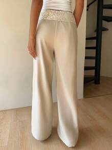 Siren Gaze 女式全新蕾丝拼布高腰裤 - 杏色 - 查看 2