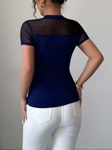 Elenzga Áo thun nữ cổ tròn tay ngắn họa tiết lưới vá trơn màu đa năng mùa hè 2025 - Màu xanh hải quân - Xem 2