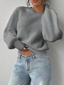 SHEIN BASICS Áo len cổ tròn rộng rãi màu trơn dành cho nữ vào mùa thu/đông - Xám - Xem 4