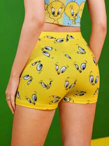 LOONEY TUNES X SHEIN 女士黄色骑行短裤，卡通表情图案，可爱骑行短裤，返校季，百搭，休闲，日常，夏秋两季皆宜 - 黃色 - 查看 1