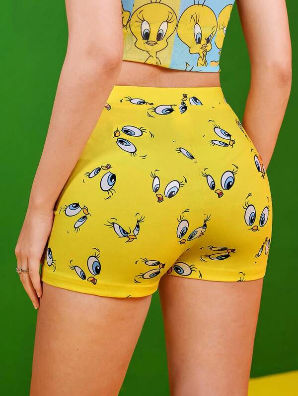 LOONEY TUNES X SHEIN Pantalones cortos de ciclismo para mujer con estampado de pájaro Tweety amarillo de dibujos animados, pantalones cortos de ciclista gráficos lindos para volver a la escuela, versátiles, casuales, diarios, para verano y otoño