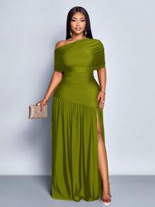 SOLERSUN Spring And Summer Plus Size Women's Sexy Party Casual Vacation Brown Shiny Fabric One Shoulder Gathered Off-Shoulder Collar Front Slit Ruffle Knitted Long Skirt - Green - View 4