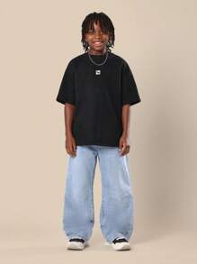 SUMWON 阔腿木匠牛仔裤男童青年轻便牛仔裤实用直筒撞色缝线溜冰宽松休闲时尚工作服风格秋冬 - 中等水洗藍 - 查看 3