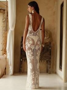 Swim Chiccia Vestido de playa de punto de ganchillo con escote en V sin mangas y diseño calado de unicolor para mujer en verano