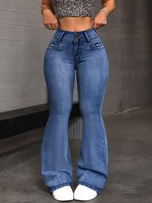 SHEIN Tall Women's Pocket Button Casual Versatile Daily Wear Flared Jeans - Khaki - View 5