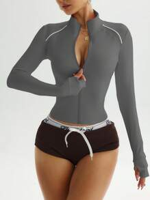 Easithlete 修身灰色长袖运动夹克，高领，舒适弹力面料，女士健身运动夹克 - 灰色 - 查看 6