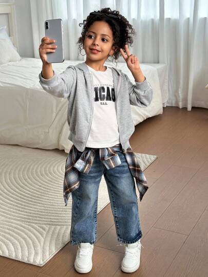 Young Girl Solid Color Hooded Cropped Casual Sweatshirt Grey Zip Up Sweatshirt Fall Grey Zip Up Sweatshirt