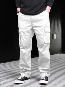Manfinity Homme 多口袋休闲百搭时尚工装阔腿裤白色工装阔腿裤男士休闲街头宽松韩版阔腿裤，秋季 - 白色 - 查看 5
