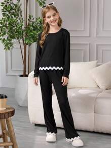 Set de camiseta y pantalones de cinta de color contrastante casual para niña preadolescente - Negro - Ver 3