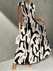 Firerie Lässiges, elegantes Maxikleid für Damen mit abstraktem Schwarz-Weiß Pinselstrich-Muster, asymmetrischer Taille, geeignet für Sommer, Party, Strand und Ausgehen