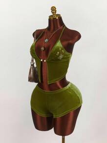 Amplova 女式两件套性感镂空睡衣上衣和不对称下摆裙子，夏季 - 綠色 - 查看 7