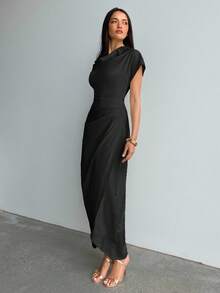 Aloruh Women's Spring & Summer Commute Everyday Draped Collar Ruched Design Dress,Wedding Guest Dress,Elegant Dresses For Women,Fall Wedding Guest Dress - Black - View 4