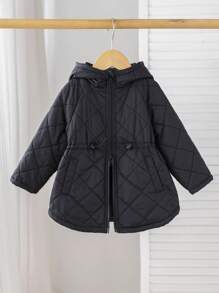 Baby Girl Raglan Sleeve Zip Front Drawstring Waist Hooded Casual Padded Coat,In Fall/Winter