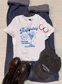 Attitoon Casual Retro Style Vacation Cocktail Graphic, Vintage Letter Graphic, Vacation Style Cocktail, Cocktail Party, Fitted Women Short Sleeve Crew Neck T-Shirt, Suitable For Summer Vacation Suitable For Going Out - White - View 1