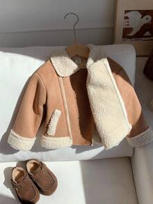 SHEIN Baby Boy Khaki Patchwork Fluffy Thickened Suit Collar Jacket, Fall Autumn/Winter