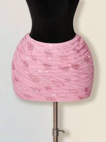 SHEIN ICON Váy ôm sát thời trang dự tiệc sinh nhật về quê cho nữ, xếp ly kim sa màu hồng lấp lánh - Hồng - Xem 1