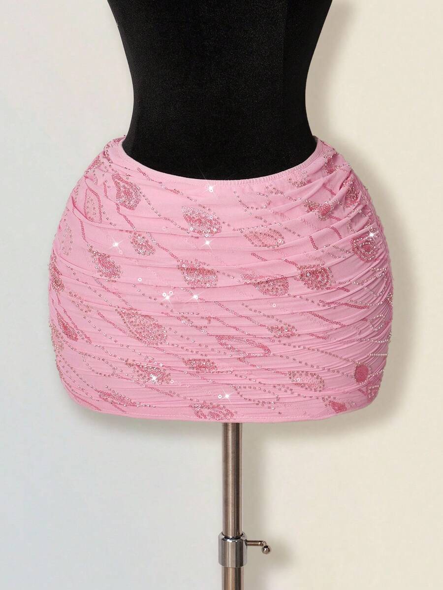 SHEIN ICON Váy ôm sát thời trang dự tiệc sinh nhật về quê cho nữ, xếp ly kim sa màu hồng lấp lánh - Hồng - Xem 1