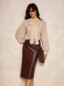 House of One Back Split Thigh Brown PU Leather High Waist Slit Bodycon Pencil Midi Skirt Women Elegant Fall Brown Leather Skirt Brown Skirt For Women Fall Women Clothes Office Old Money Outfits For Women Fall Outfits Business Professional Women Business Casual Woman