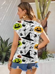 Shutterstock Glamance Fall Women Clothes Women's V-Neck All-Over Print Casual Short Sleeve T-Shirt, Summer Halloween Graphic Tee Women Halloween T-Shirt Women Cartoon Women Graphic Tees Halloween Halloween Tops For Women Back To School Going Out Tops Women Suitable For Going Out - Multicolor - View 2