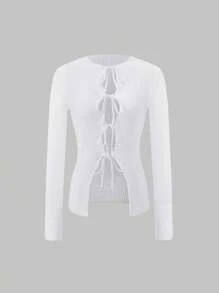 SHEIN Unity Women's Knitted Autumn/Winter Solid Color Long Sleeve Slim Fit Strap Bow Fashion Elegant Versatile Knitted Top Fall Cloth For Women - White - View 7