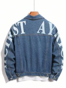 Manfinity Homme Plus Size Men's Long Sleeve Casual Street Letter Print Raw Edge Flap Detail Denim Jacket, Fall - Light Wash - View 2