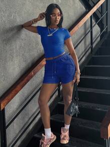 INAWLY 2 piezas Conjunto de camiseta de manga corta de cuello redondo de unicolor y pantalones cortos casuales con cordón en la cintura para mujer en verano - azul real - Ver 5